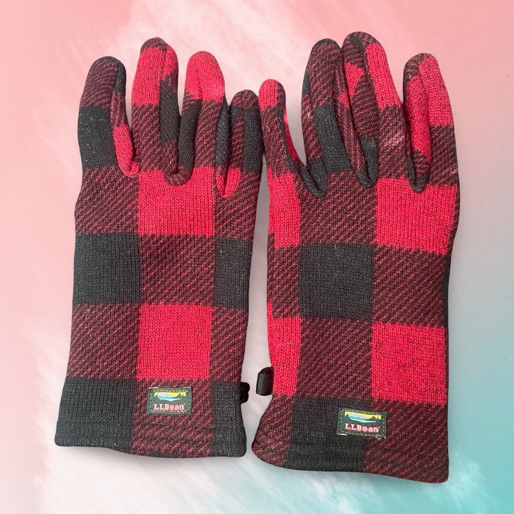 LL Bean Access Fleece Gloves Medium Buffalo Plaid Red Black Winter 502593